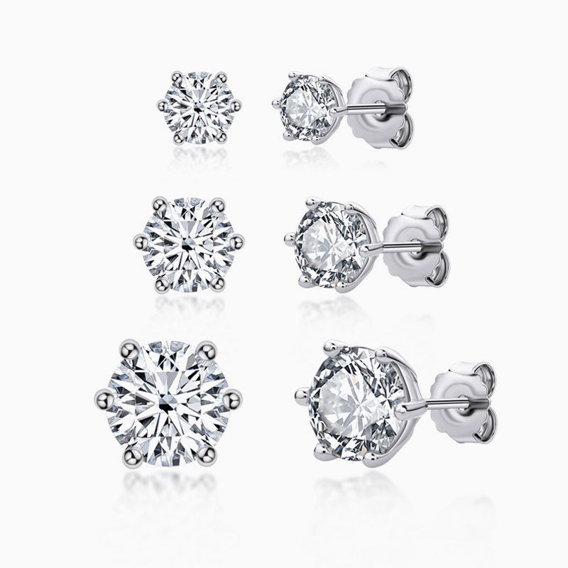 Sparkly Silver Moissanite Solitaire Stud Earrings Set