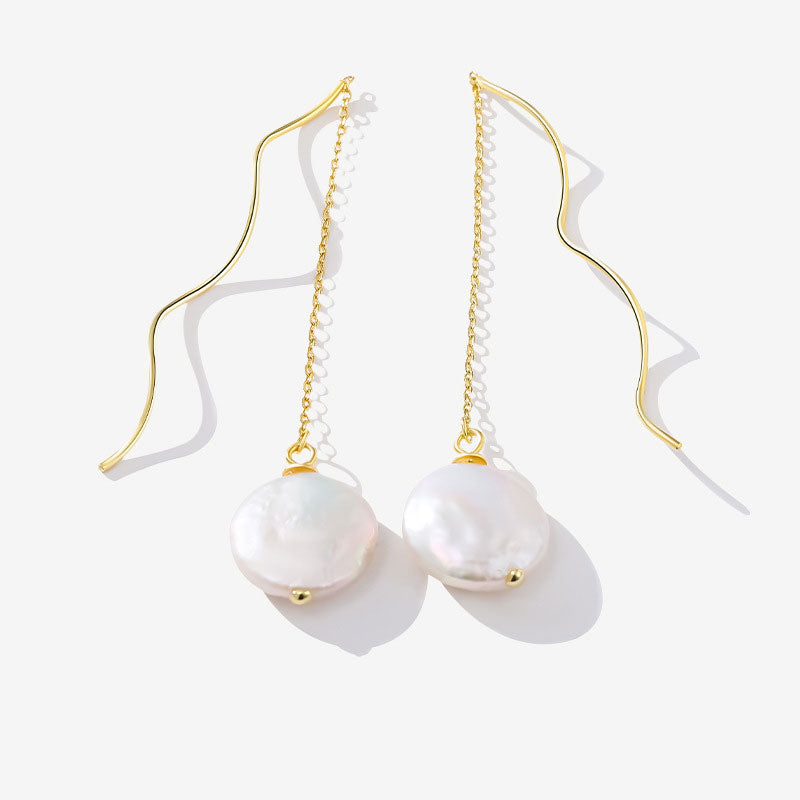 Threader Earrings with Spiral Wire and Baroque Pearl Drop