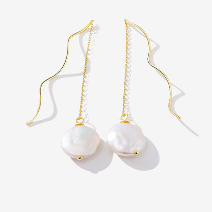 Threader Earrings with Spiral Wire and Baroque Pearl Drop