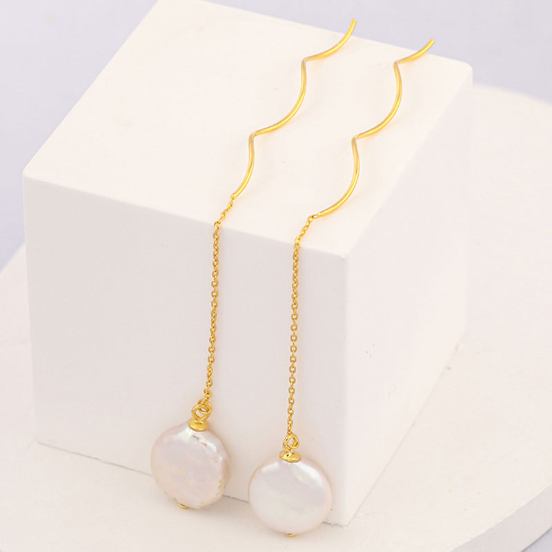 Threader Earrings with Spiral Wire and Baroque Pearl Drop