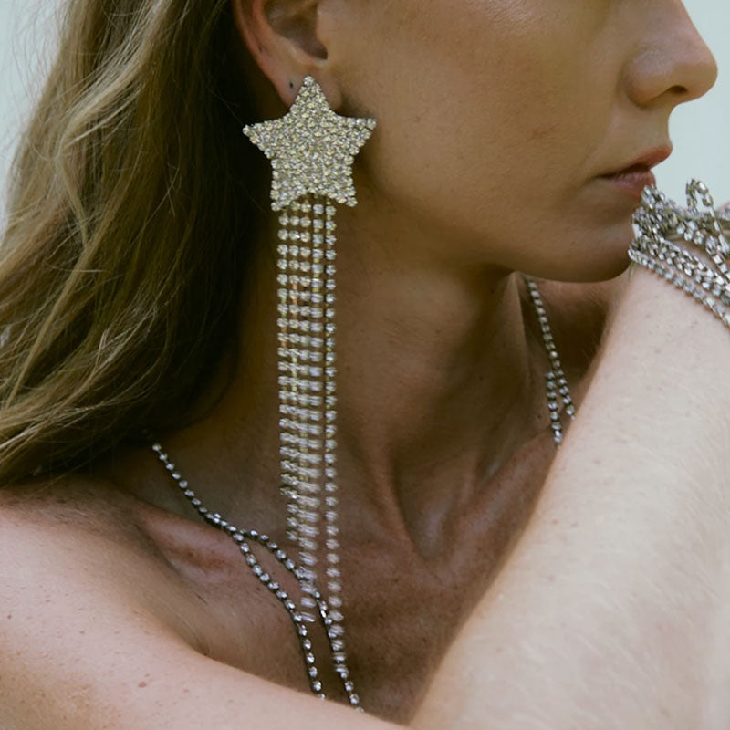 Rhinestone Star Long Fringe Drop Earrings Silver