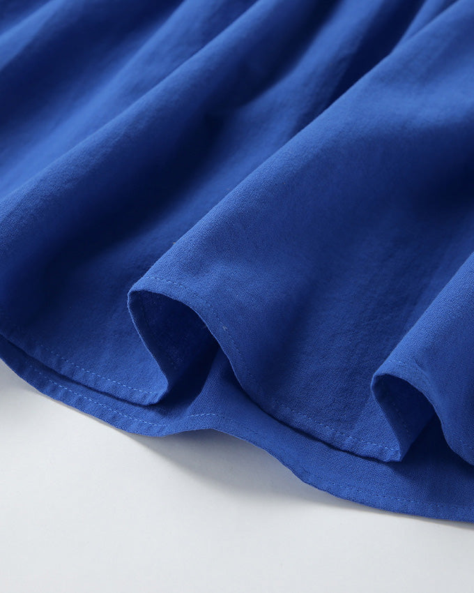 Blue Cotton and Linen V-Neck Halter Back Dress