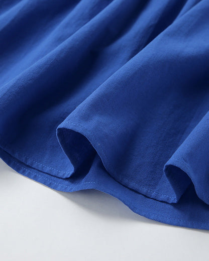 Blue Cotton and Linen V-Neck Halter Back Dress