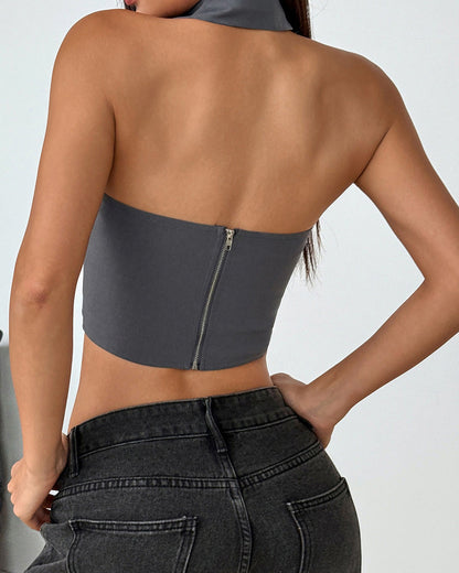 Halter Neck Leopard Print Tie-Strap Herringbone Vest