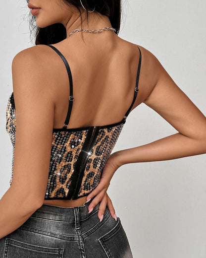 Leopard Sequin Slim Fit Camisole Top