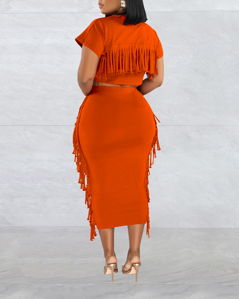 Fringed Crewneck Short-Sleeved Long Skirt Set