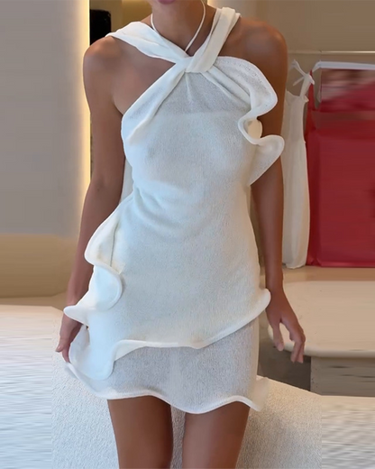 Ruffle Hem Fitted Halter Back Dress
