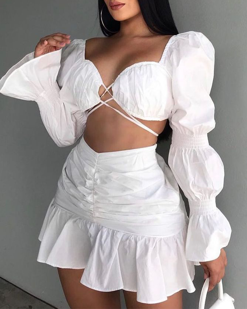 Balloon Sleeve Pleated Skirt Set