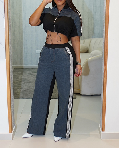 Denim Patchwork Wide-Leg Pants Suit