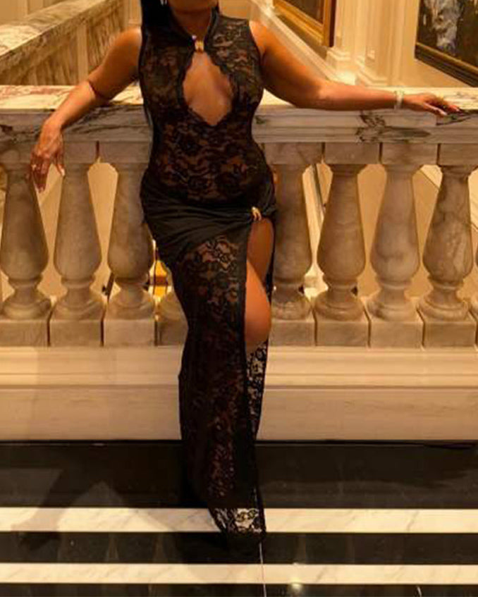 Lace Hollow High Slit Slim Sleeveless Dress