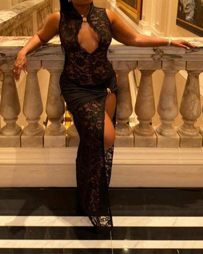 Lace Hollow High Slit Slim Sleeveless Dress