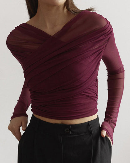 Solid Color Mesh Sexy Pleated Long Sleeve T-Shirt