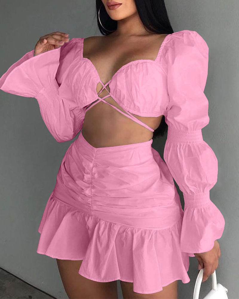 Balloon Sleeve Pleated Skirt Set