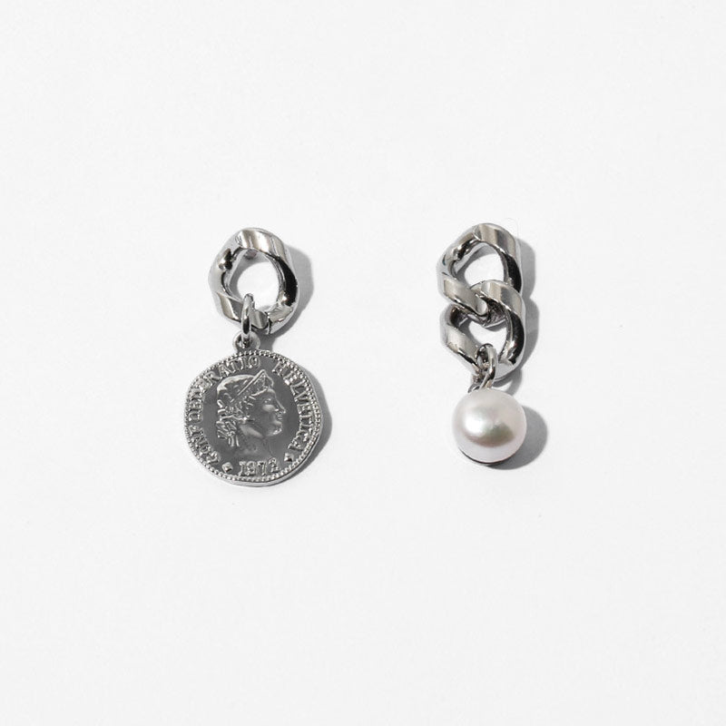 Coin Pearl Pendant Chunky Chain Earrings - Silver
