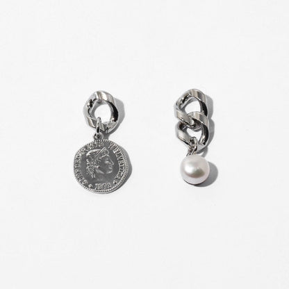 Coin Pearl Pendant Chunky Chain Earrings - Silver