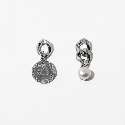 Coin Pearl Pendant Chunky Chain Earrings - Silver