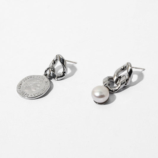 Coin Pearl Pendant Chunky Chain Earrings - Silver
