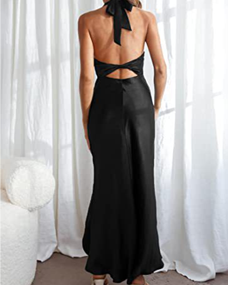 Halter Neck Open Back Slit Dress