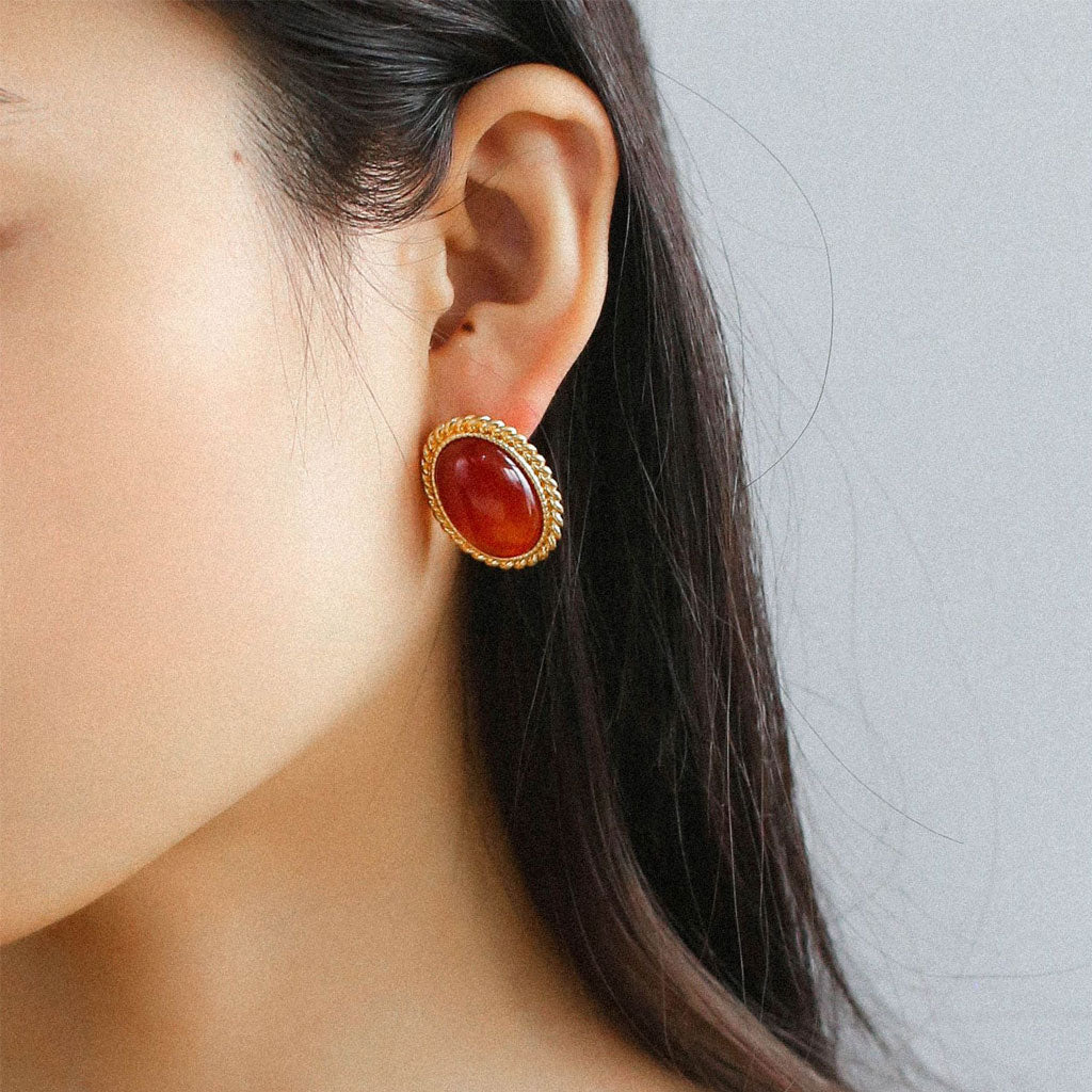 Retro 18K Gold Plated Red Onyx Silver Twist Stud Earrings