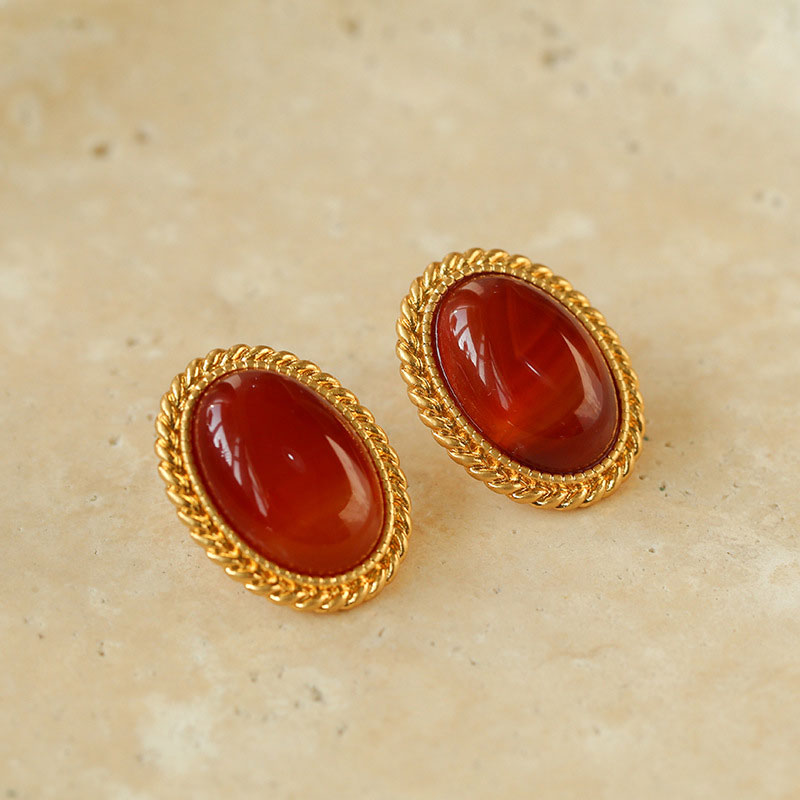 Retro 18K Gold Plated Red Onyx Silver Twist Stud Earrings