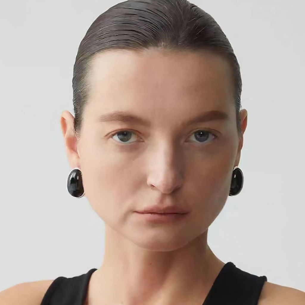 Two Tone Onyx and Sterling Silver Pebble Stud Earrings