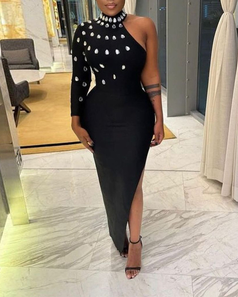 Irregular Rhinestone Slit Dress