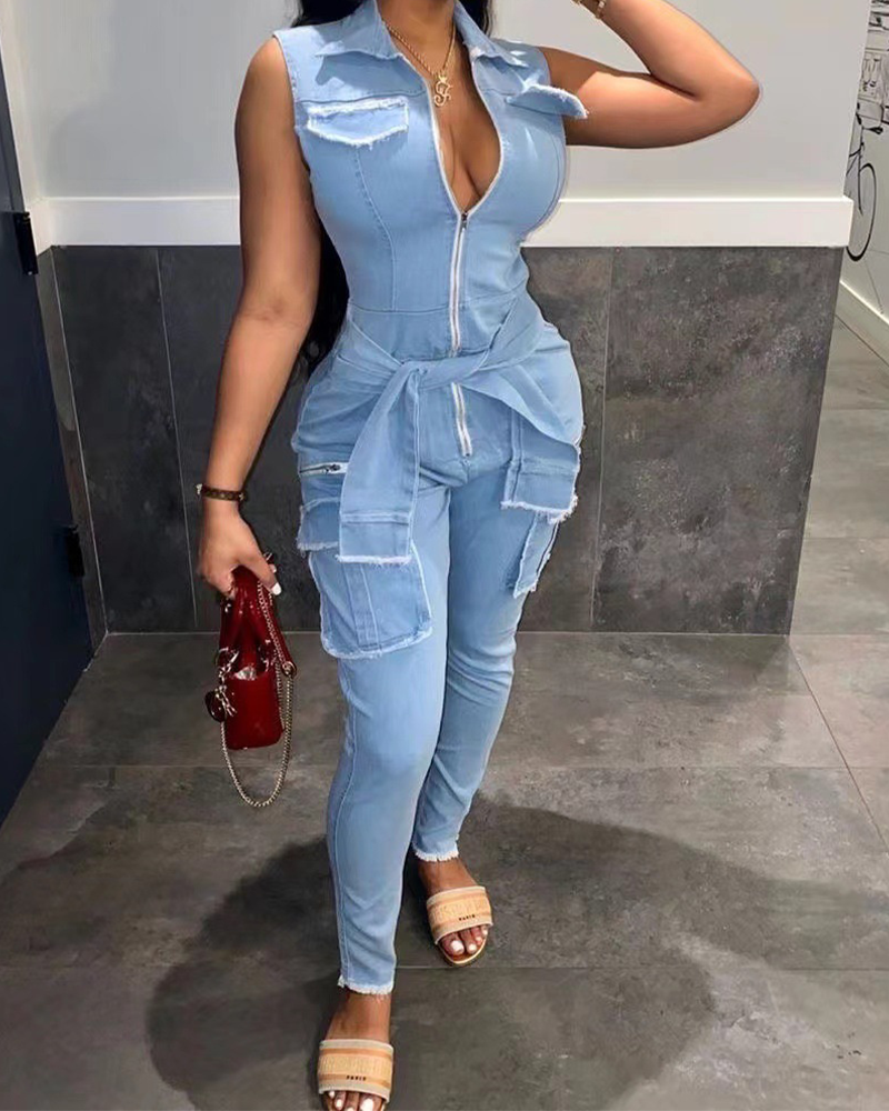 Accordion Pocket Slim Fit Denim Jumpsuit