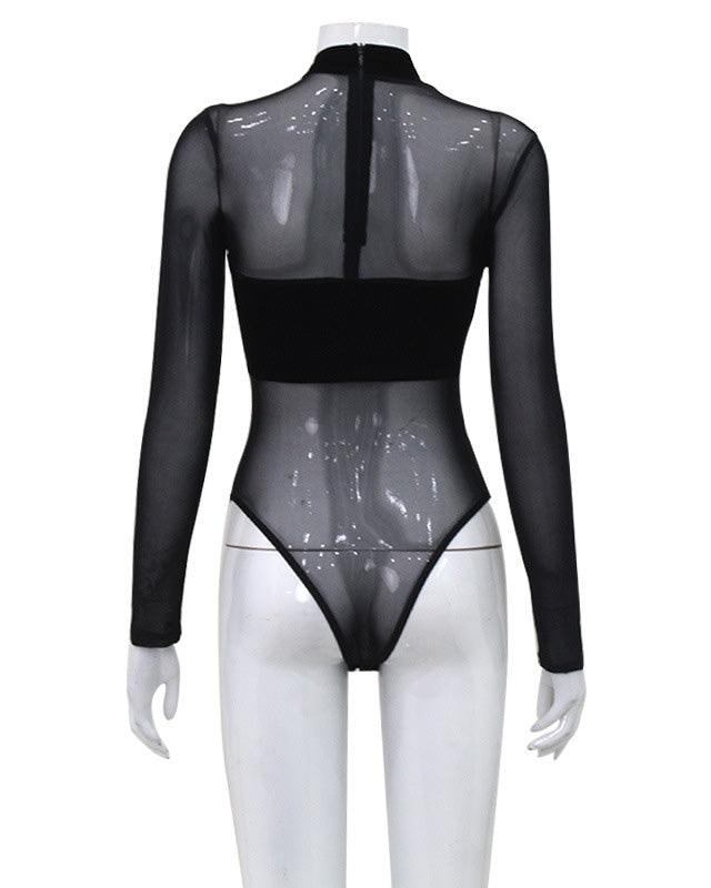 Mesh Velvet Patchwork Cross-Cut Tight Long-Sleeved Jumpsuit