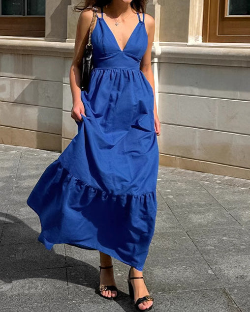 Blue Cotton and Linen V-Neck Halter Back Dress