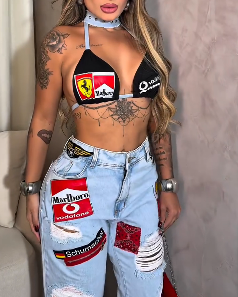 Graffiti Decorated Straight Denim 2-Piece Set
