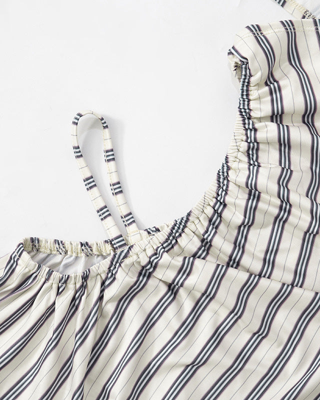 Striped Print Hollow One-Shoulder Long Sleeve Caulking Jumpsuit