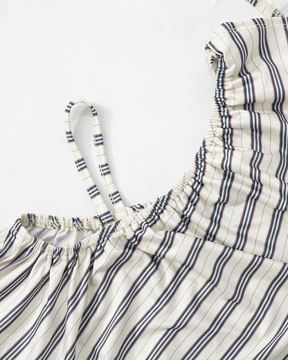 Striped Print Hollow One-Shoulder Long Sleeve Caulking Jumpsuit