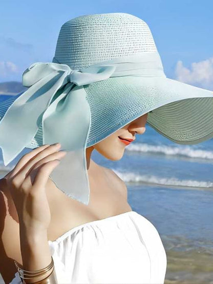 1 pcs 5.5 Inches Big Bowknot Straw Hat Large Floppy Foldable Roll up Beach Cap Sun Hat UPF 50 for Women