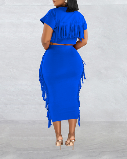 Fringed Crewneck Short-Sleeved Long Skirt Set