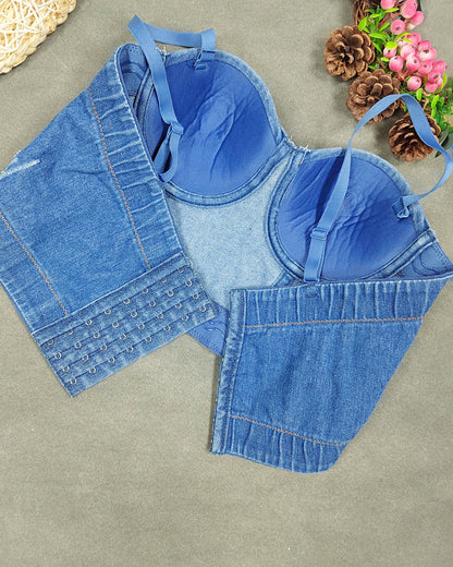 Slim Fit Denim Rhinestone Tassel Beaded Chest Wrap