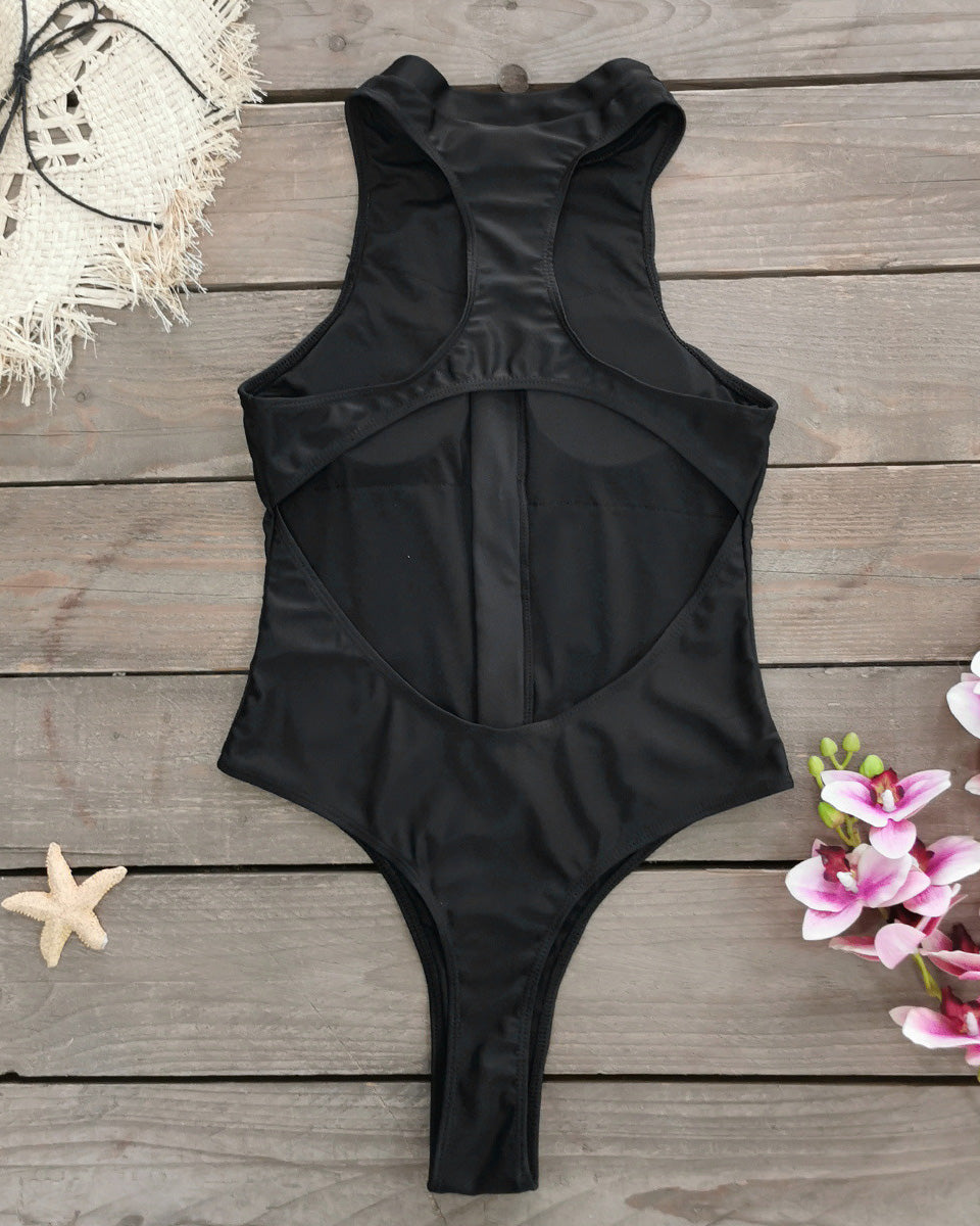 Solid Color Zipper Sleeveless Surfing One-Piece Swimsuit