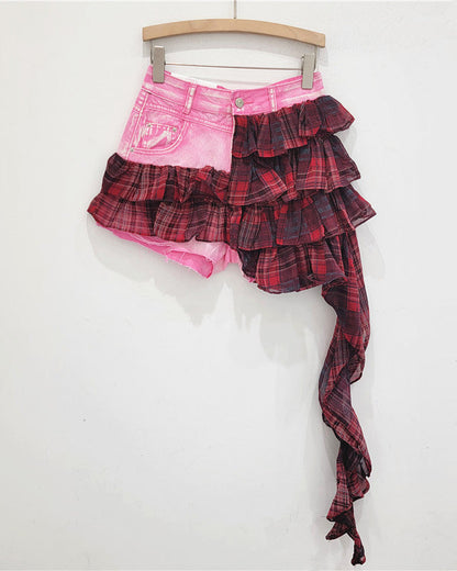 Denim Patchwork Short Irregular Chiffon Cake Skirt