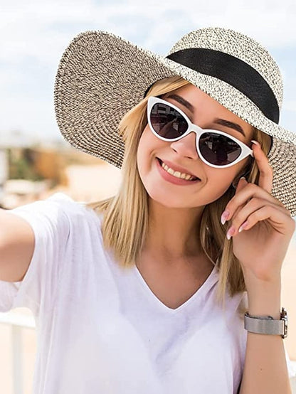 1 pcs  Beach Straw Sun Hat Large Ladies Foldable & Packable Floppy Hats with Wide Brim-UPF 50 UV Protection Summer Sunhat for Women